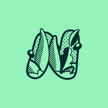 N harfi peyzaj tek renkli logo yapraklar ve çiy damlaları.