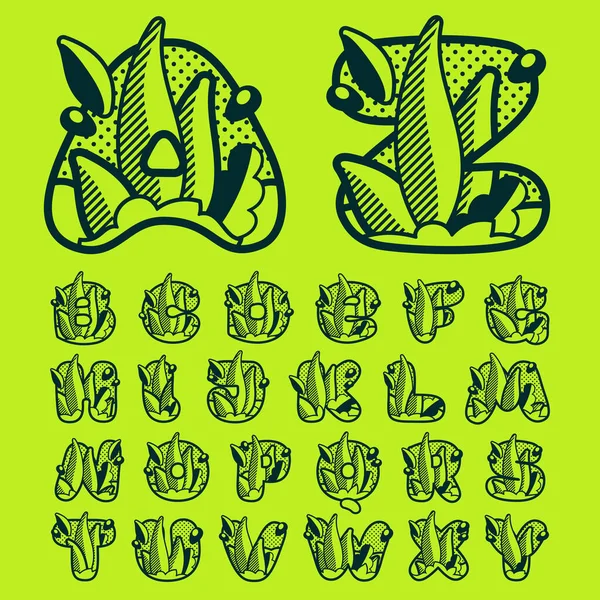 Paesaggio alfabeto monocromatico con foglie e gocce di rugiada . — Vettoriale Stock