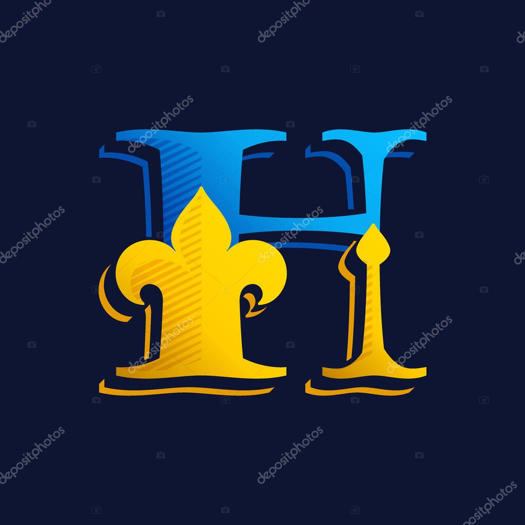 H letter logo with gold french lily and hatching shadow. Premium vector serif font for victorian identity, luxury package, retro book, western diploma, etc.