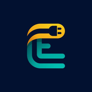 İçinde fiş kablosu olan E harfi logosu. Elektrikli araba kimliği, teknoloji başlıkları, afişler vs. için vektör yazı tipi.