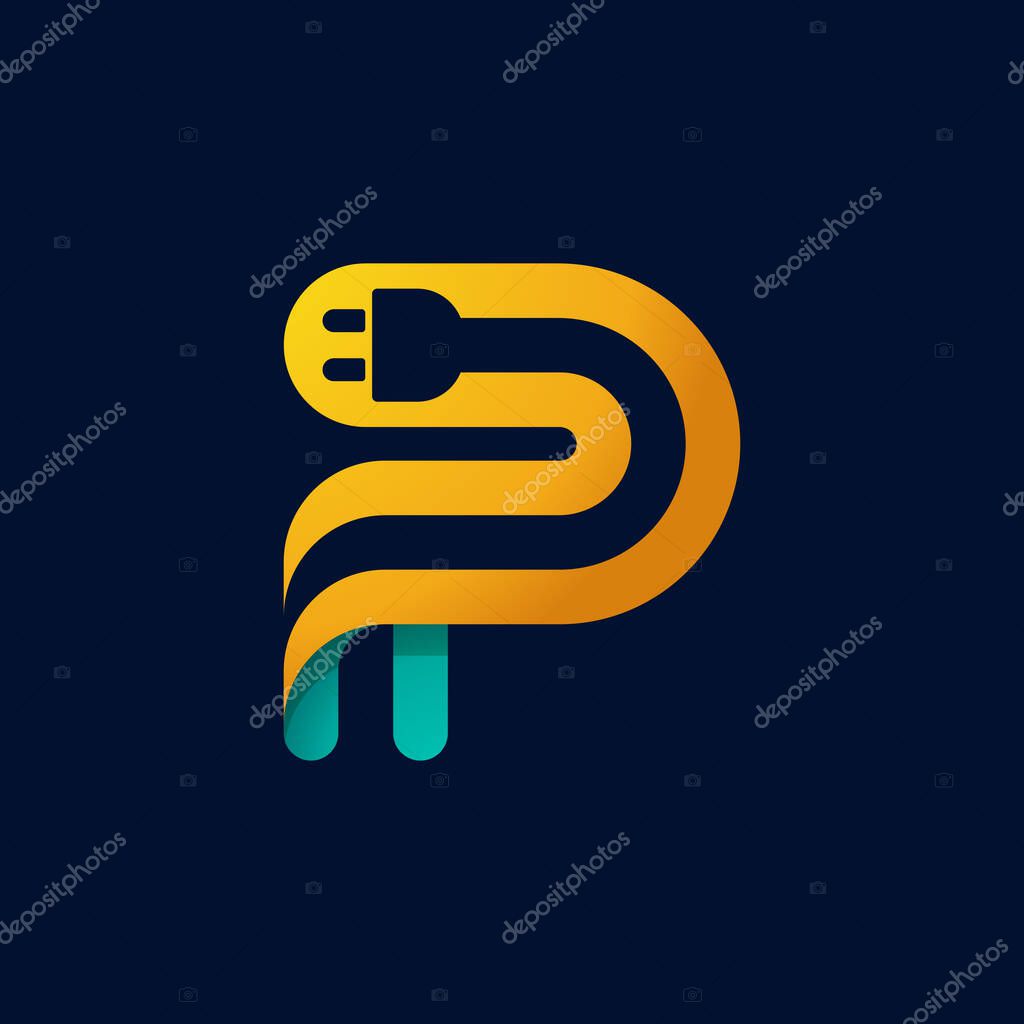 P letter logo with plug cable inside. Vector typeface for electric car identity, technology headlines, charging posters etc.