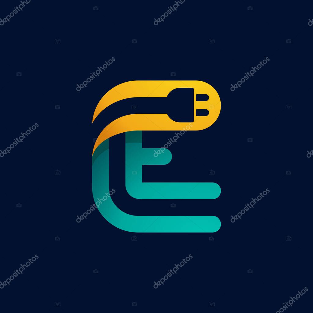 E letter logo with plug cable inside. Vector typeface for electric car identity, technology headlines, charging posters etc.