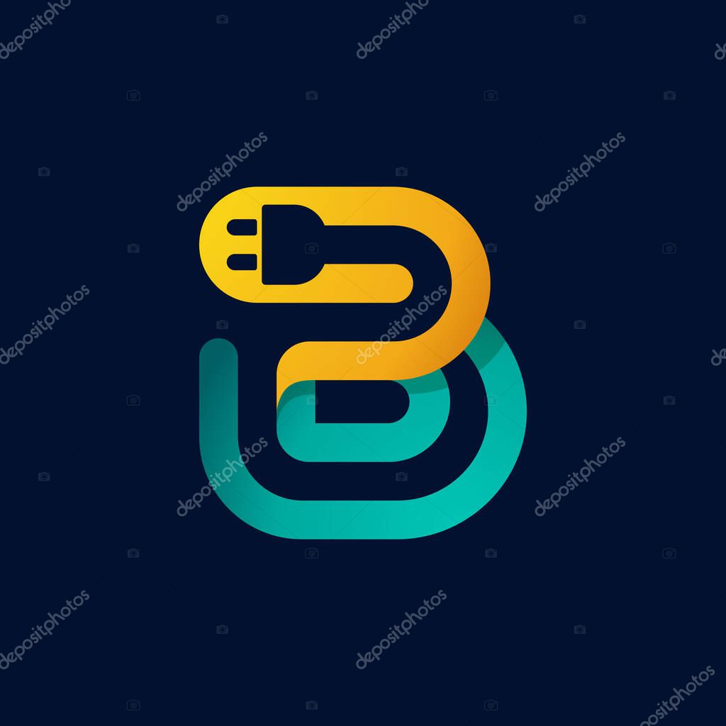 B letter logo with plug cable inside. Vector typeface for electric car identity, technology headlines, charging posters etc.