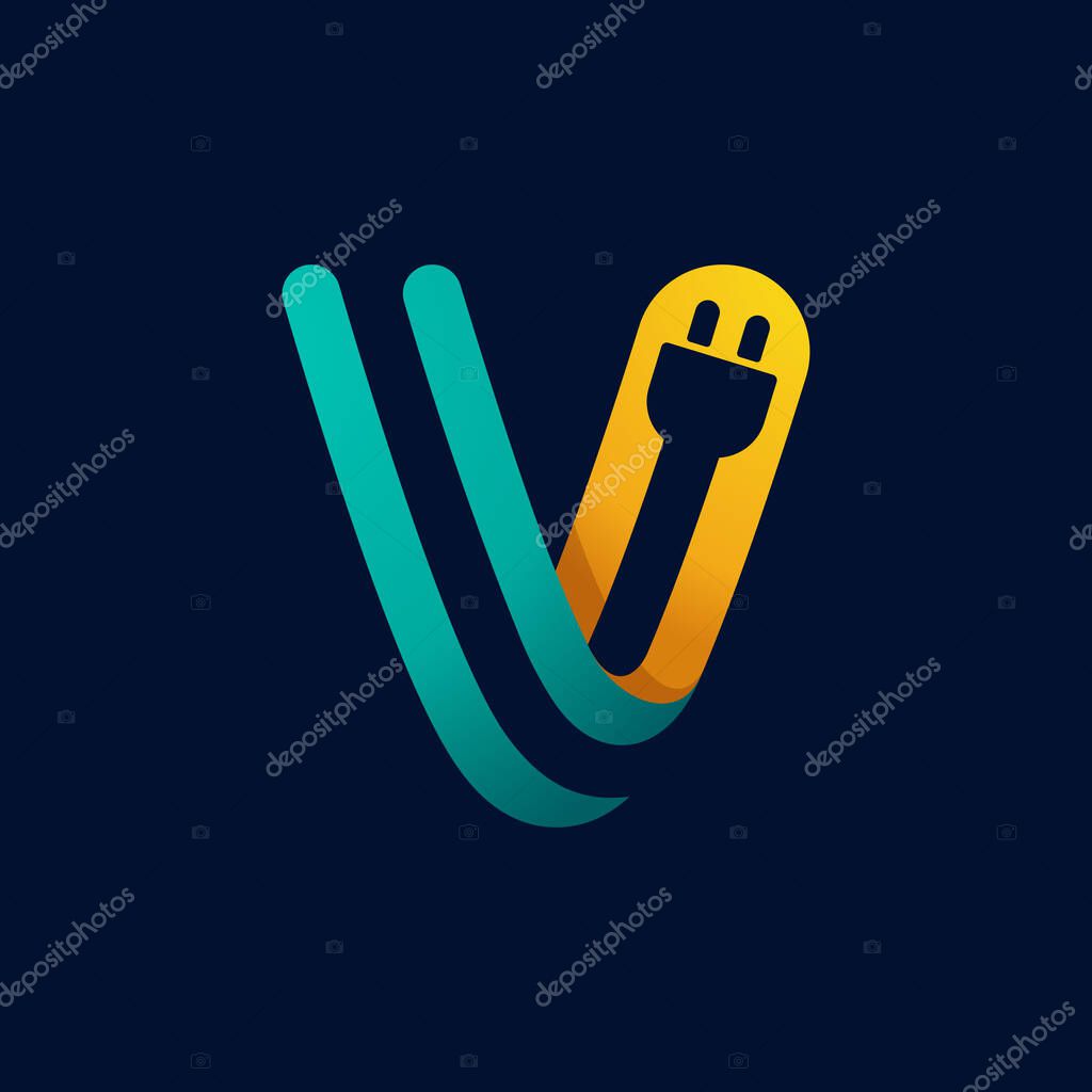 V letter logo with plug cable inside. Vector typeface for electric car identity, technology headlines, charging posters etc.