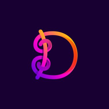 D harfi neon ışıklı logo. Gece kulübü etiketleri için vektör el yazısı yazı tipi, fütürist şirket, kumarhane posterleri vs..