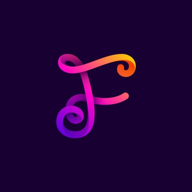 F harfi neon ışıklı logo. Gece kulübü etiketleri için vektör el yazısı yazı tipi, fütürist şirket, kumarhane posterleri vs..