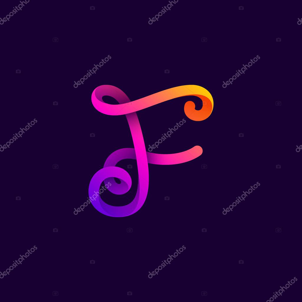 F letter neon light logo. Vector handwritten script font for night club labels, futuristic company, casino posters etc.