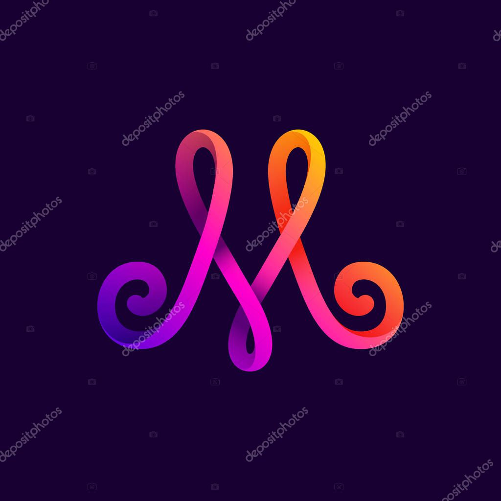 M letter neon light logo. Vector handwritten script font for night club labels, futuristic company, casino posters etc.