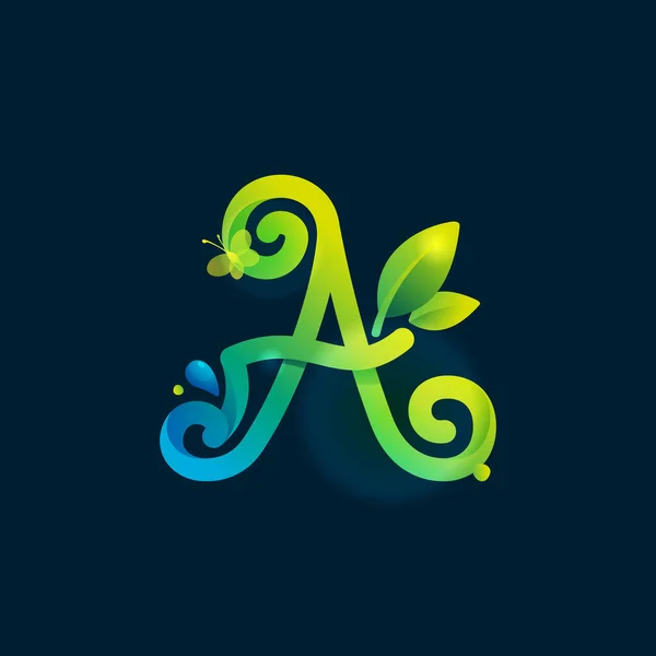 Písmeno Ekologické Logo Zelenými Křivkami Listy Kapkami Rosy Vektorové Písmo — Stockový vektor