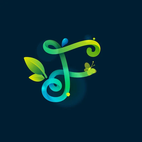 Yeşil Kıvrımlı Çizgileri Yaprakları Çiy Damlaları Olan Harfi Eko Logosu — Stok Vektör