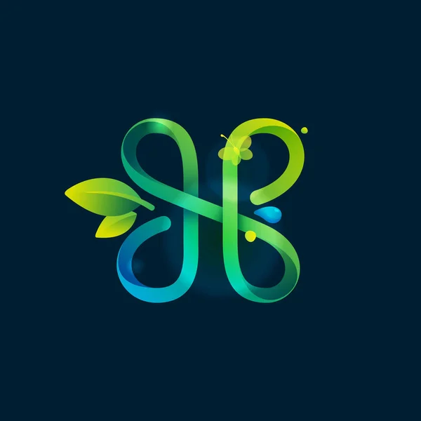 Буква Эко Логотип Зелеными Изогнутыми Линиями Листьями Каплями Росы Векторный — стоковый вектор