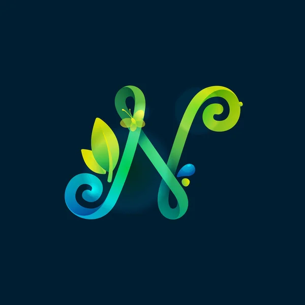 Буква Эко Логотип Зелеными Изогнутыми Линиями Листьями Каплями Росы Векторный — стоковый вектор