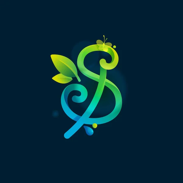 Letter Eco Logo Met Groene Gebogen Lijnen Bladeren Dauwdruppels Vector — Stockvector