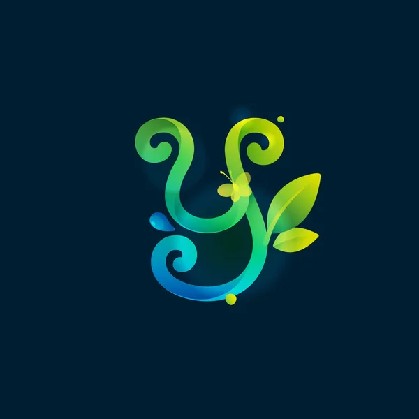 Літерний Екологічний Логотип Зеленими Вигнутими Лініями Листям Краплями Роси Векторний — стоковий вектор