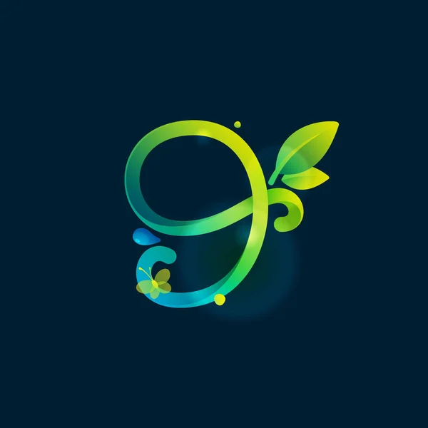 Nummer Neun Des Öko Logos Mit Grünen Geschwungenen Linien Blättern — Stockvektor