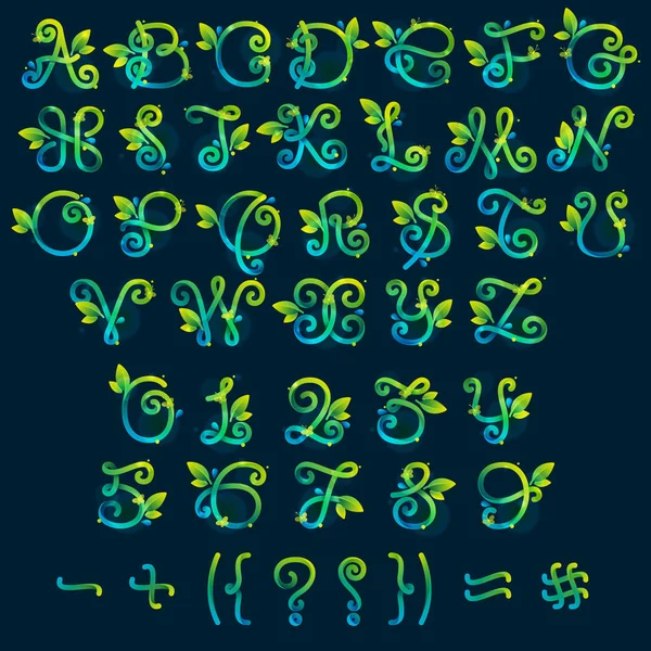Alfabet Oraz Liczby Symbole Zielonymi Zakrzywionymi Liniami Liśćmi Kroplami Rosy — Wektor stockowy