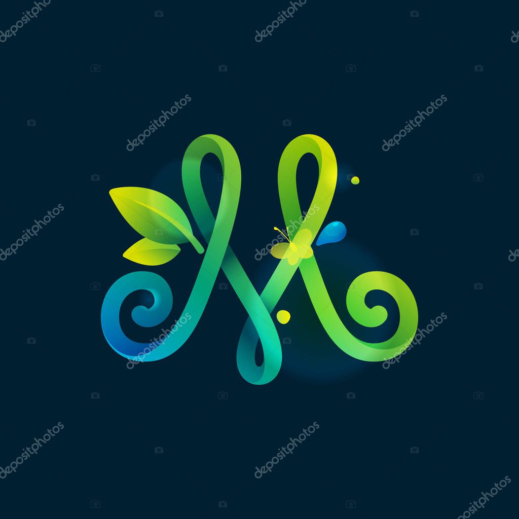M letter eco logo with green curved lines, leaves and dew drops. Vector handwritten script font for nature labels, bio company, spring posters etc.
