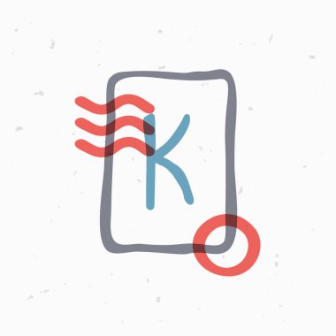 K harfi logosu kare çerçeveli dalgalı çizgiler ve daire damgalı. Renk kaplama biçimi. Etiketler, başlıklar, posterler, kartlar için vektör posta damgası yazı tipi vs..