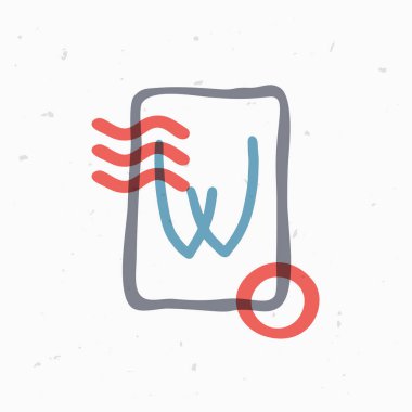 W harfi logosu kare çerçeveli, dalgalı çizgiler ve daire damgalı. Renk kaplama biçimi. Etiketler, başlıklar, posterler, kartlar için vektör posta damgası yazı tipi vs..