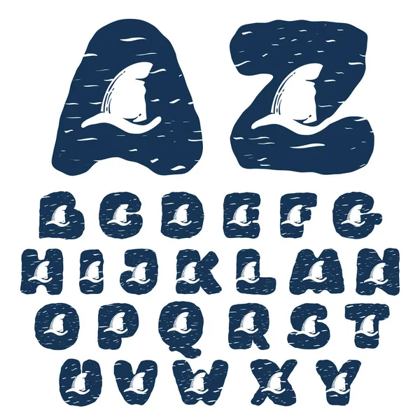 Alphabet Mit Haifischflosse Handgezeichneter Monochromer Nautischer Vintage Stil Perfekt Für — Stockvektor
