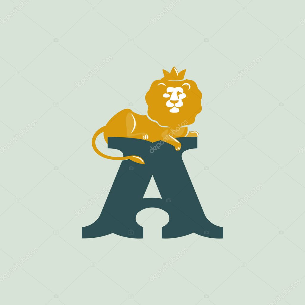 Letter A logo with lying lion. Vector serif font perfect for premium labels, vintage posters and real estate identity, etc.