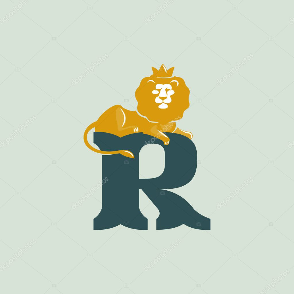 R letter logo with lying lion. Vector serif font perfect for premium labels, vintage posters and real estate identity, etc.