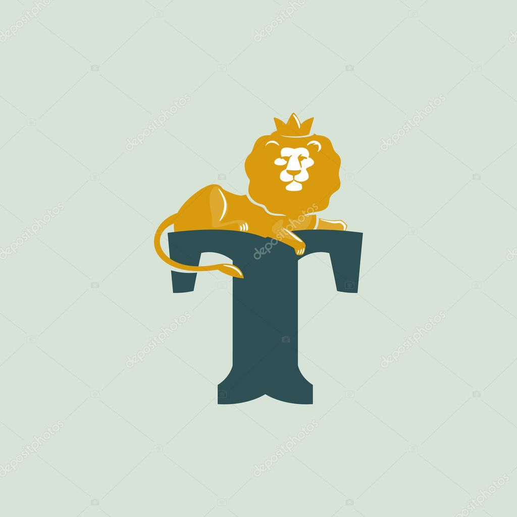 T letter logo with lying lion. Vector serif font perfect for premium labels, vintage posters and real estate identity, etc.