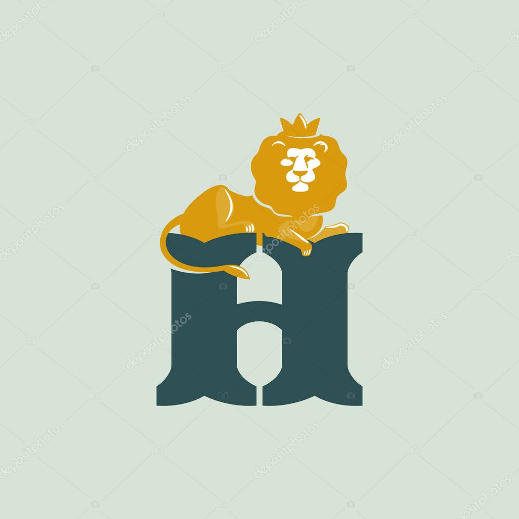 H letter logo with lying lion. Vector serif font perfect for premium labels, vintage posters and real estate identity, etc.