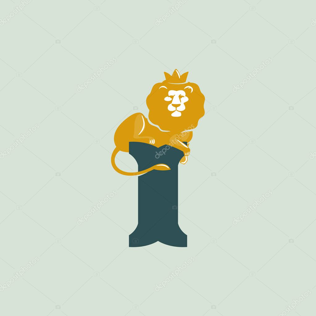 Letter I logo with lying lion. Vector serif font perfect for premium labels, vintage posters and real estate identity, etc.