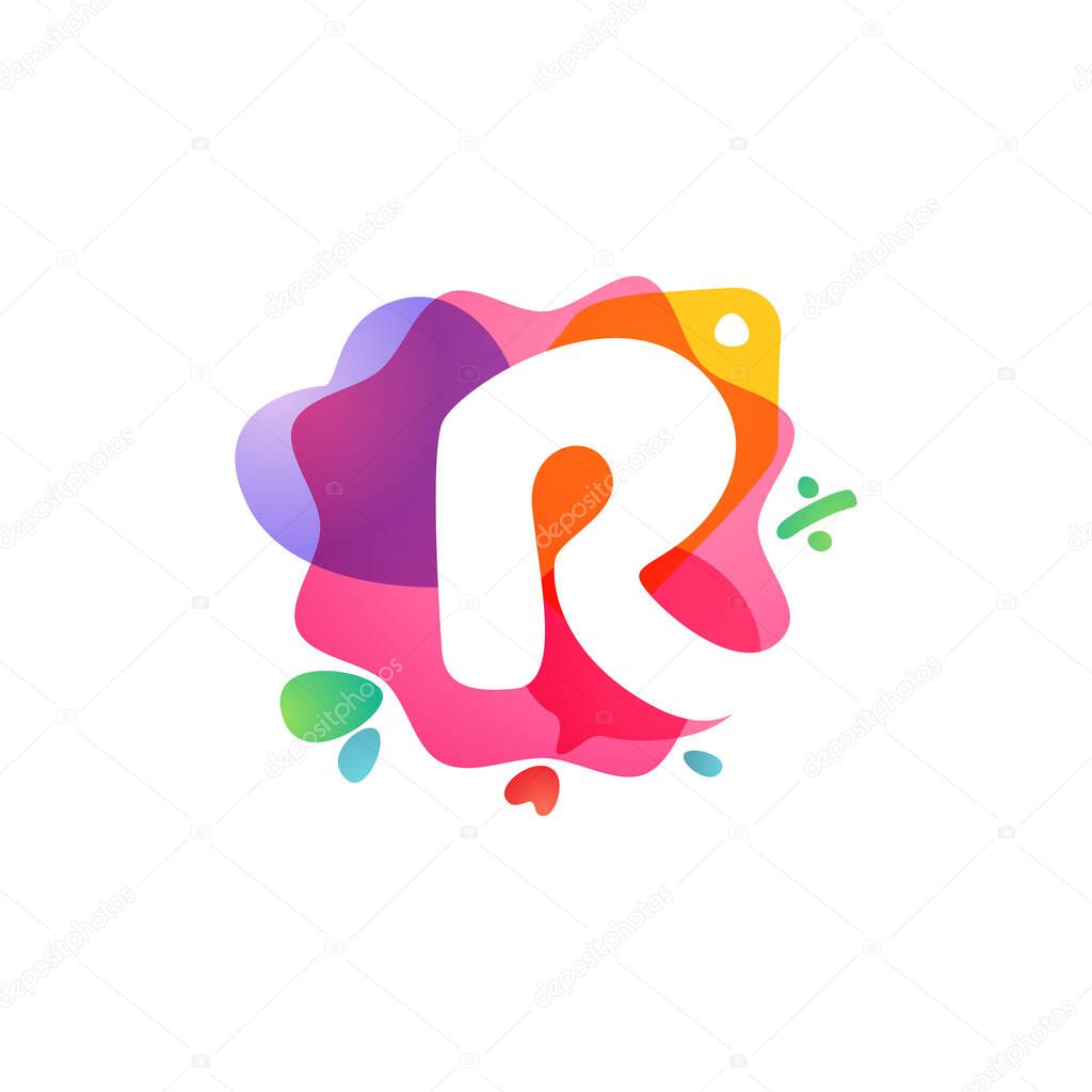 R letter logo with Sale icons. Overlapping watercolor negative space font. Perfect typeface for shop identity, best price print, super offer posters, etc.