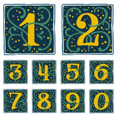 Rönesans sayıları altın noktalar ve yeşil yapraklarla belirlendi. Lüks etiketler, süs baskısı, tarih posterleri vs. için mükemmel klasik vektör tipi.