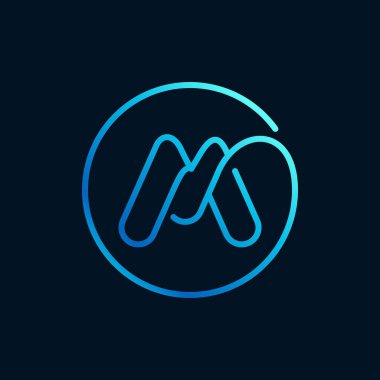 M harfi logosu daire şeklinde. İmkânsız çizgi stili. Dijital etiketler, gece hayatı baskısı, neon reklamları vs. için mükemmel mavi simge.