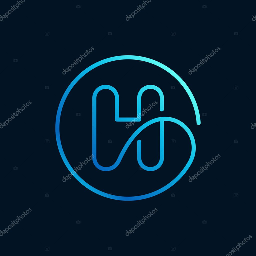 H letter logo in a circle. Impossible line style. Perfect blue icon for digital labels, nightlife print, neon advertising, etc.
