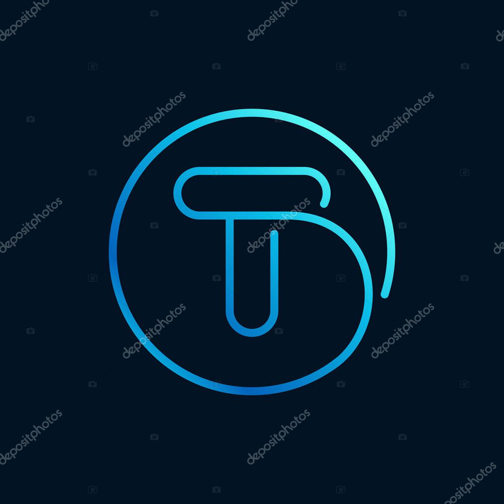 T letter logo in a circle. Impossible line style. Perfect blue icon for digital labels, nightlife print, neon advertising, etc.