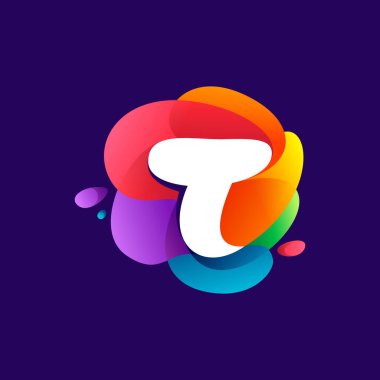 T harfi logosu rengarenk renkte. Medya etiketleri, gece hayatı baskısı, çizgi film posterleri vs. için mükemmel yazı tipi.