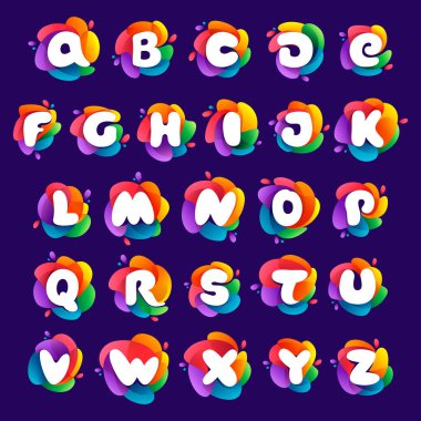 Alfabe harfleri rengarenk renk değişimine ayarlı. Medya etiketleri, gece hayatı baskısı, çizgi film posterleri vs. için mükemmel yazı tipi.