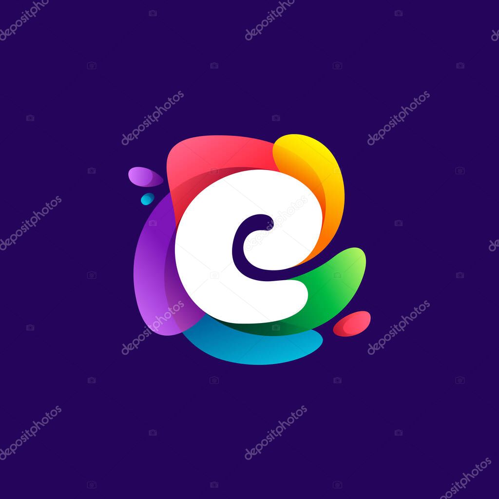 Letter E logo at colorful multicolor gradient splash. Perfect font for media labels, nightlife print, cartoon posters etc.