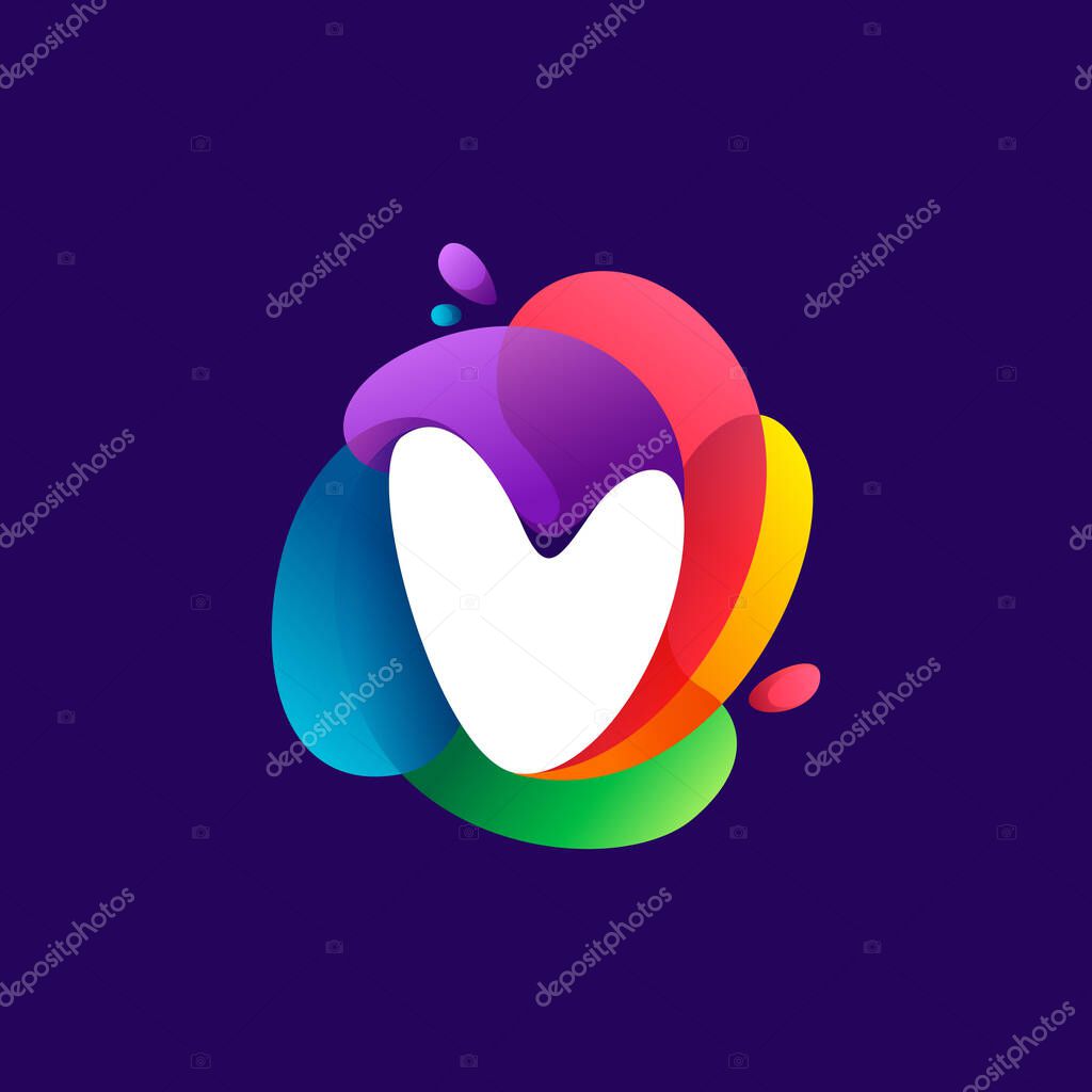 Letter V logo at colorful multicolor gradient splash. Perfect font for media labels, nightlife print, cartoon posters etc.