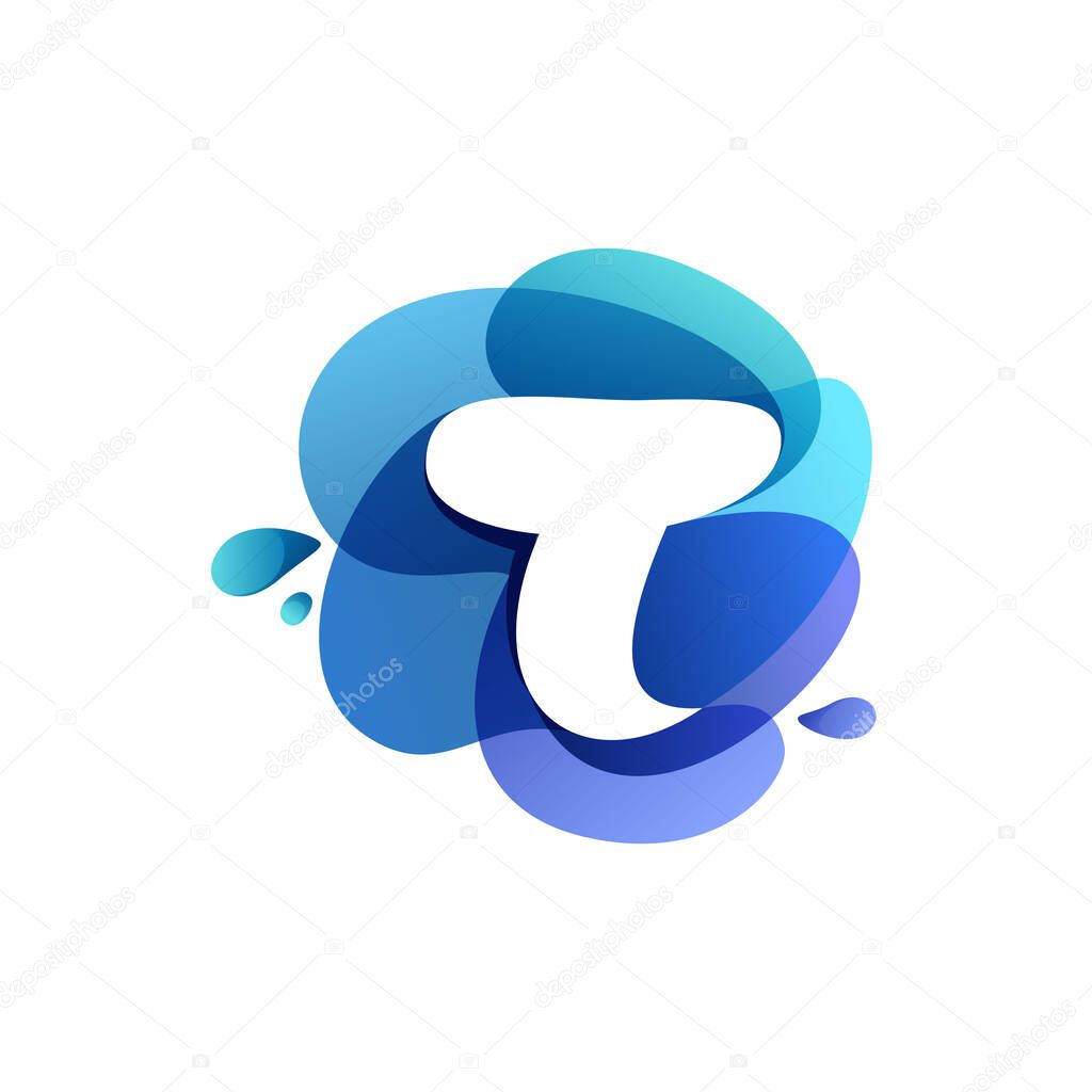 Letter T pure water logo. Swirling overlapping shape with splashing drops. Vector icon perfect for eco identity, marine posters and cleaning labels, etc.