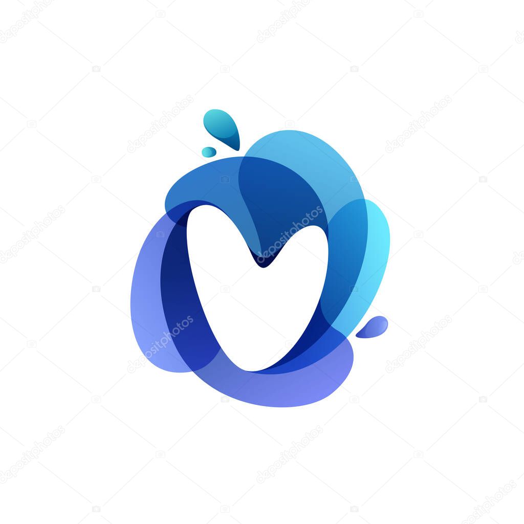 Letter V pure water logo. Swirling overlapping shape with splashing drops. Vector icon perfect for eco identity, marine posters and cleaning labels, etc.