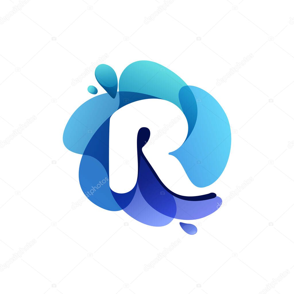 Letter R pure water logo. Swirling overlapping shape with splashing drops. Vector icon perfect for eco identity, marine posters and cleaning labels, etc.