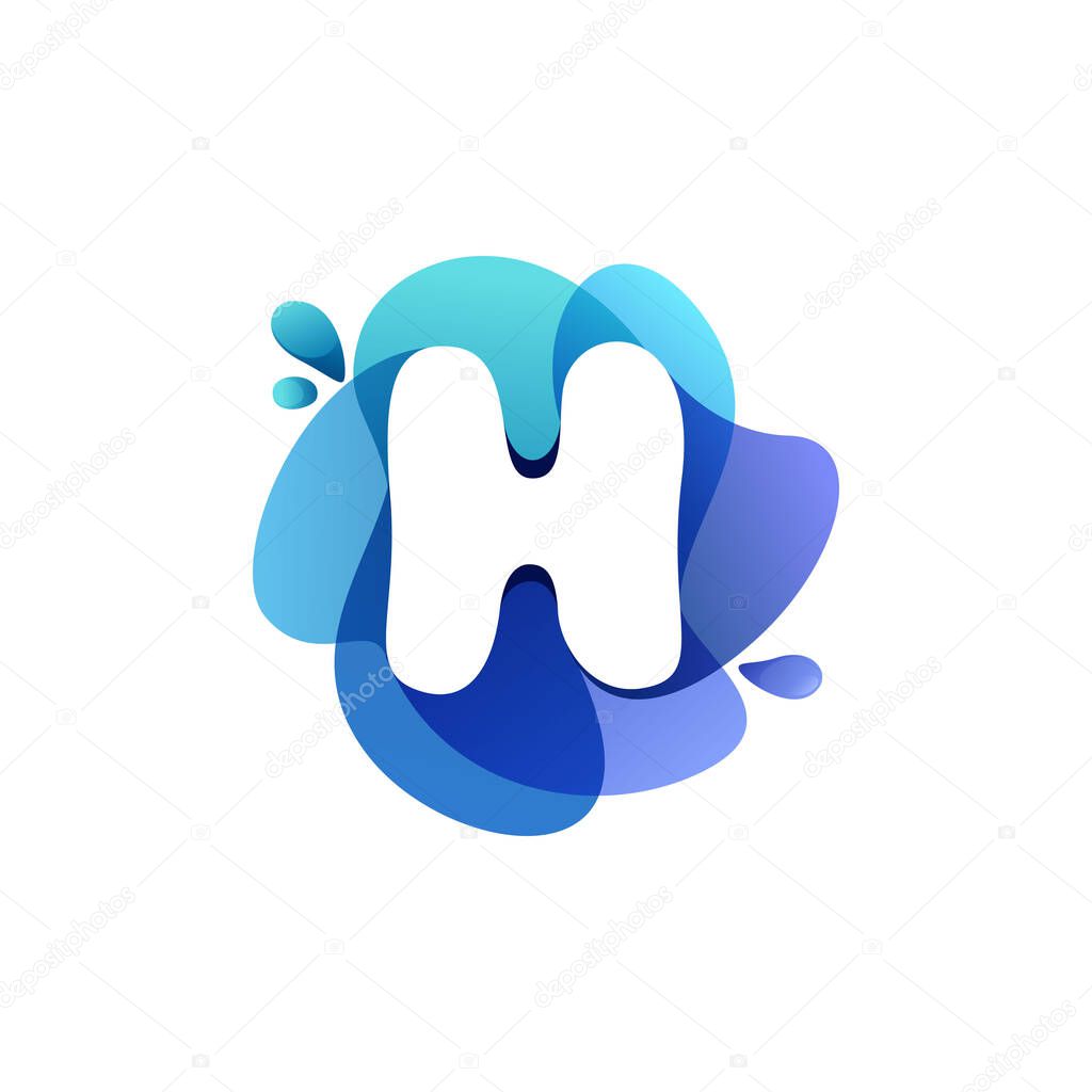 Letter H pure water logo. Swirling overlapping shape with splashing drops. Vector icon perfect for eco identity, marine posters and cleaning labels, etc.