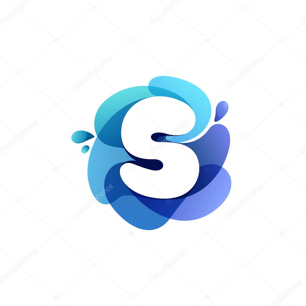 Letter S pure water logo. Swirling overlapping shape with splashing drops. Vector icon perfect for eco identity, marine posters and cleaning labels, etc.