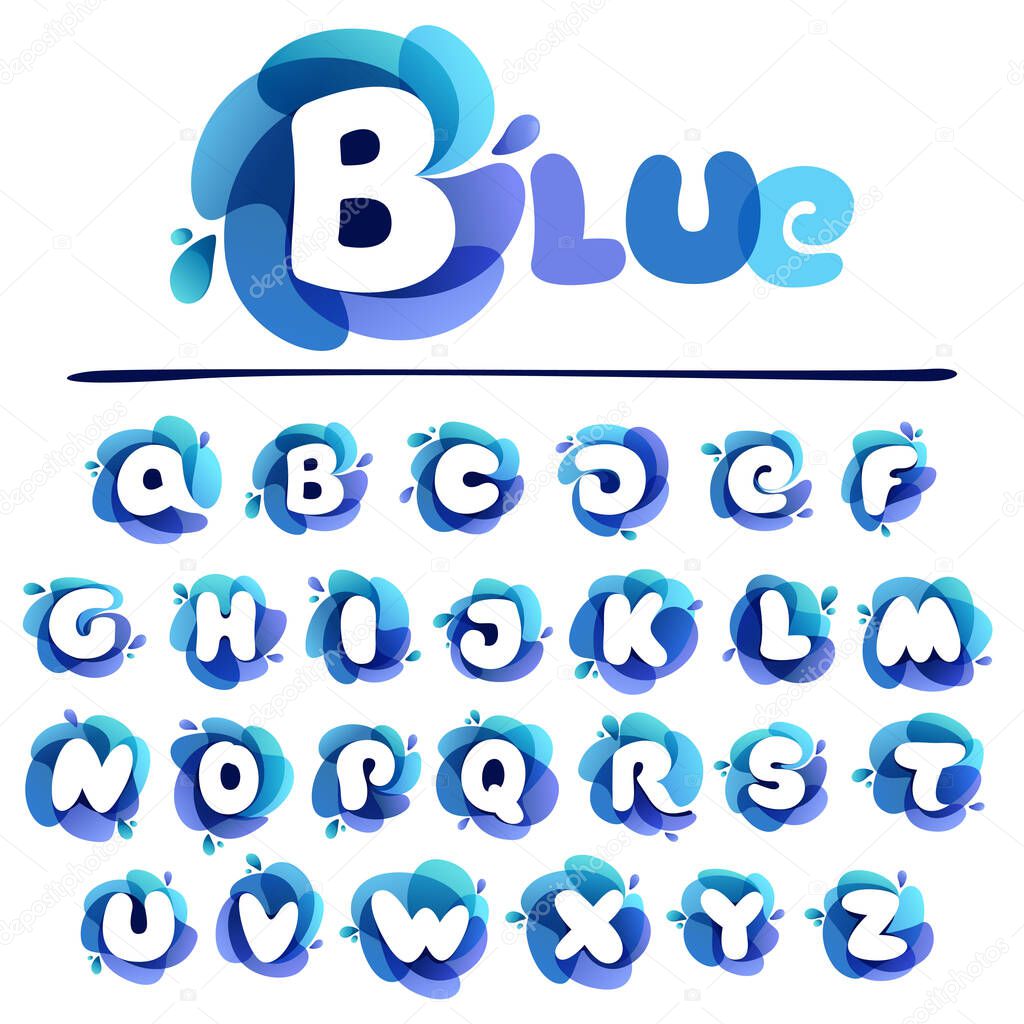 Pure water alphabet. Swirling overlapping shape with splashing drops. Vector icon perfect for eco identity, marine posters and cleaning labels, etc.
