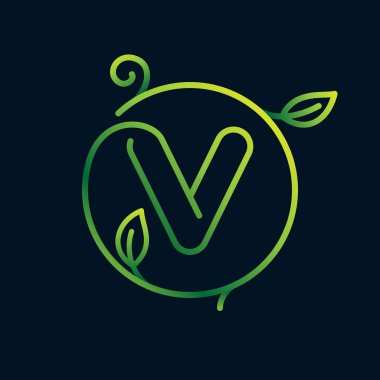 V harfli yaprak logosu daire şeklinde. İmkansız tek satır tarzı. Çevre etiketleri, peyzaj posterleri ve bahçe kimliği vs. için mükemmel yeşil simge.
