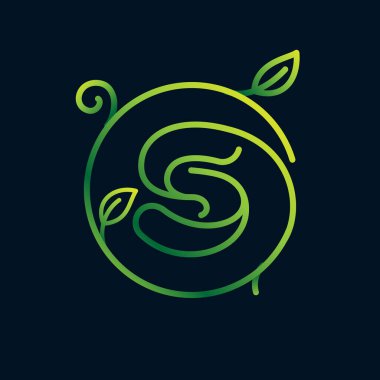 S harfi yaprak logosu daire şeklinde. İmkansız tek satır tarzı. Çevre etiketleri, peyzaj posterleri ve bahçe kimliği vs. için mükemmel yeşil simge.