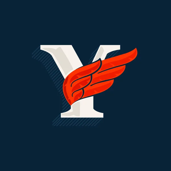 赤い翼を持つ文字Yロゴ 線で作られた影を持つ古典的なセリフフォント スポーツラベル 送料ポスター パワーアイデンティティなどに最適なベクトルアイコン — ストックベクタ