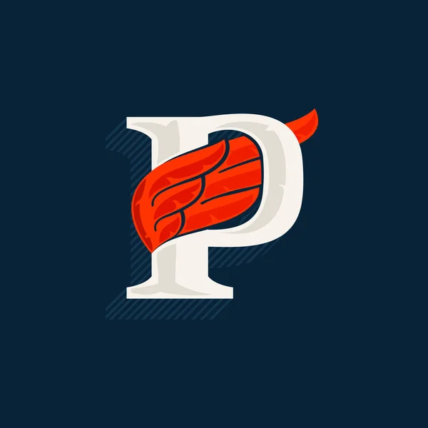 赤い翼を持つ文字Pのロゴ 線で作られた影を持つ古典的なセリフフォント スポーツラベル 送料ポスター パワーアイデンティティなどに最適なベクトルアイコン — ストックベクタ