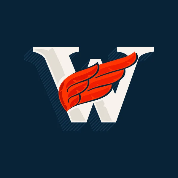 赤い翼の文字Wのロゴ 線で作られた影を持つ古典的なセリフフォント スポーツラベル 送料ポスター パワーアイデンティティなどに最適なベクトルアイコン — ストックベクタ