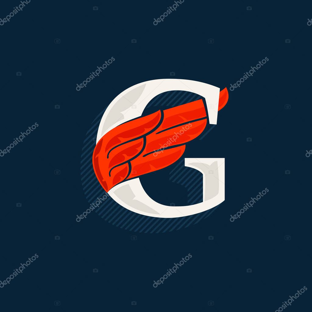 Letter G logo with red wing. Classic serif font with shadow made of lines. Vector icon perfect for sport labels, shipping posters, power identity, etc.